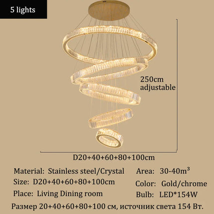 Suspension LED en cristal de luxe dimmable, lustre moderne pour salon et villa