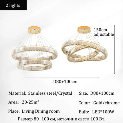 Suspension LED en cristal de luxe dimmable, lustre moderne pour salon et villa