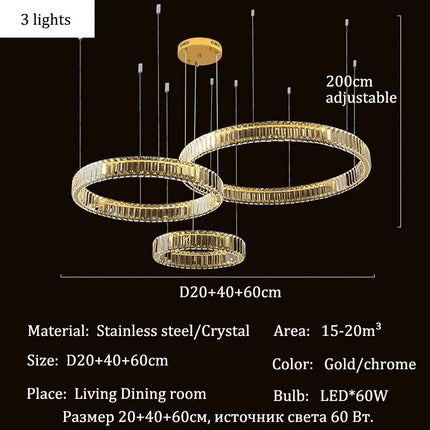 Suspension LED en cristal de luxe dimmable, lustre moderne pour salon et villa