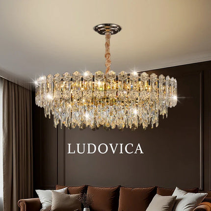 Suspension lustre LED cristal design moderne pour salle à manger haut plafond