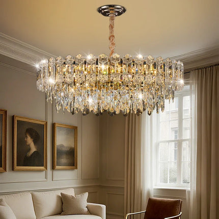 Suspension lustre LED cristal design moderne pour salle à manger haut plafond