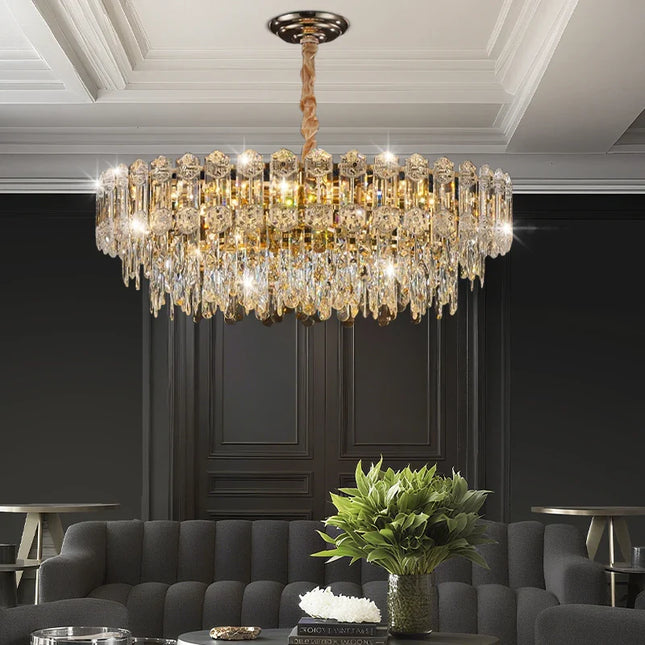 Suspension lustre LED cristal design moderne pour salle à manger haut plafond