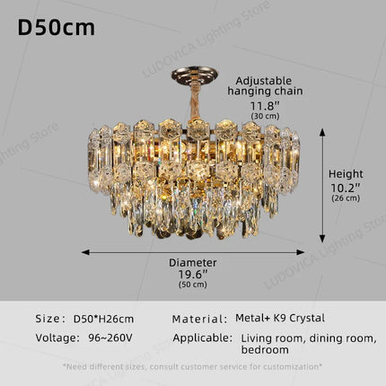 Suspension lustre LED cristal design moderne pour salle à manger haut plafond