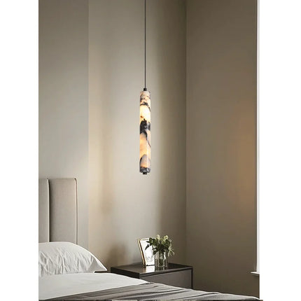 Suspension LED en pierre naturelle noire, design cylindrique haut de gamme