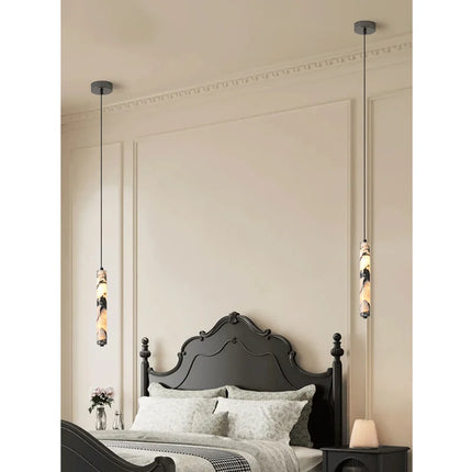 Suspension LED en pierre naturelle noire, design cylindrique haut de gamme