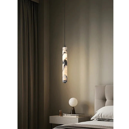 Suspension LED en pierre naturelle noire, design cylindrique haut de gamme