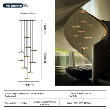 Suspension japonaise Lotus Wabi Sabi en bois massif, lumière chaude pour escalier design duplex