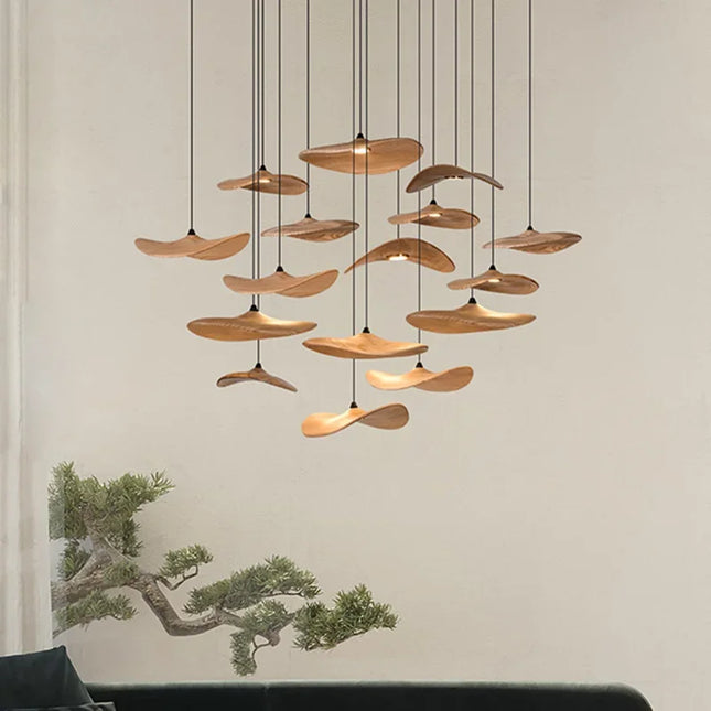 Suspension japonaise Lotus Wabi Sabi en bois massif, lumière chaude pour escalier design duplex