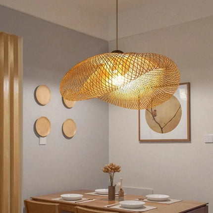 Suspension lustre bambou tissé LED vintage pour salon et salle à manger