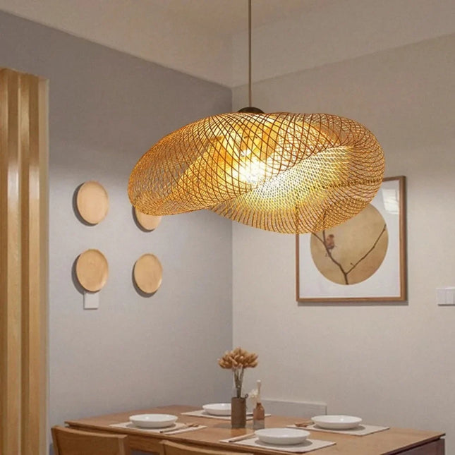 Suspension lustre bambou tissé LED vintage pour salon et salle à manger