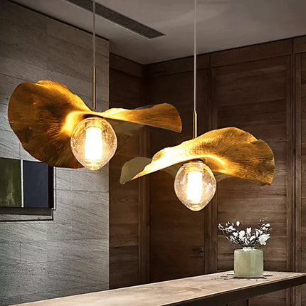 Suspension feuille de Lotus en laiton martelé, lumière chaleureuse pour salon et cuisine