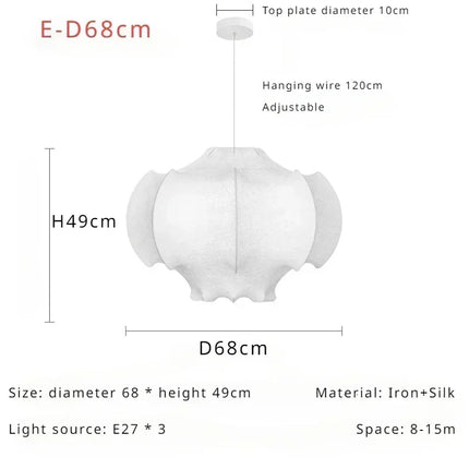 Suspension LED en soie italienne, design Wabi Sabi, lumière complète