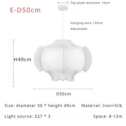 Suspension LED en soie italienne, design Wabi Sabi, lumière complète