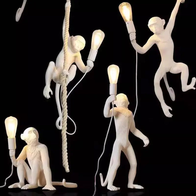 Suspension lampe singe en résine et corde chanvre, éclairage cosy