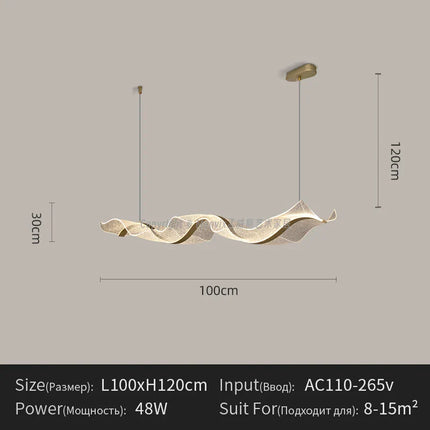 Suspension LED design vague longue en aluminium, lumière chaude ambiance cosy