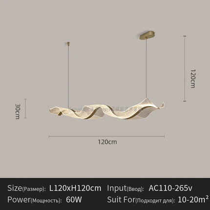 Suspension LED design vague longue en aluminium, lumière chaude ambiance cosy