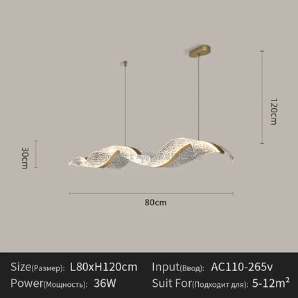 Suspension LED design vague longue en aluminium, lumière chaude ambiance cosy