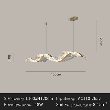 Suspension LED design vague longue en aluminium, lumière chaude ambiance cosy