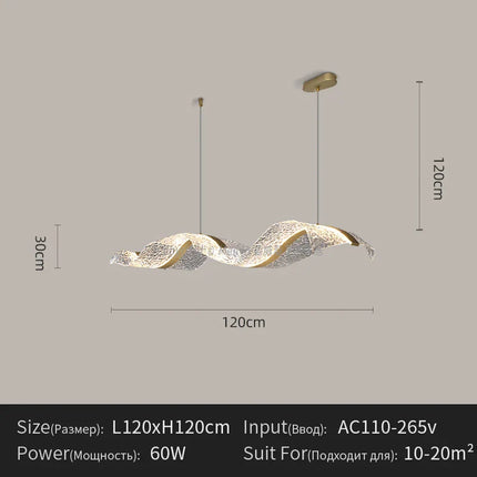 Suspension LED design vague longue en aluminium, lumière chaude ambiance cosy