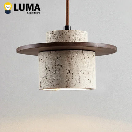 Suspension Wabi-Sabi en travertin jaune avec lampe ronde en bois E27