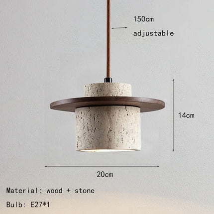 Suspension Wabi-Sabi en travertin jaune avec lampe ronde en bois E27