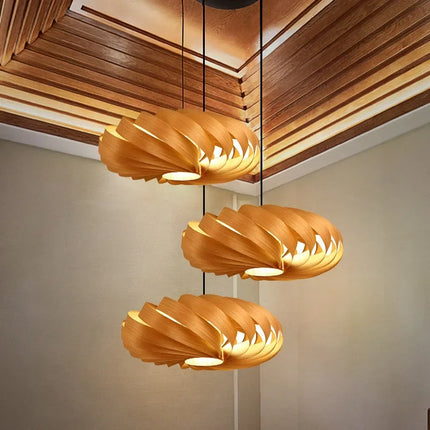 Suspension en placage de bois japonais ovale, lumière chaude artisanale pour salle à manger et espaces professionnels