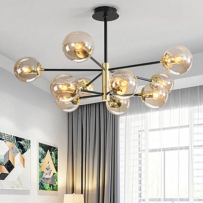 Suspension Plafonnier Boule Ronde Vintage en Verre, Ambiance Chaleureuse Noir et Or