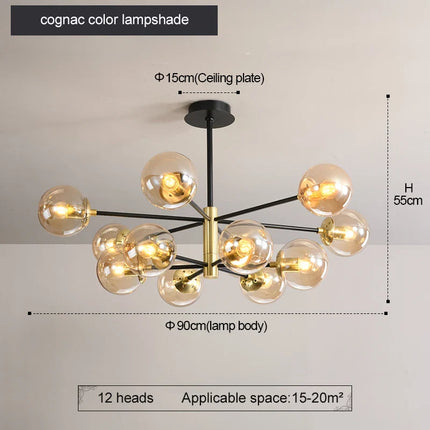 Suspension Plafonnier Boule Ronde Vintage en Verre, Ambiance Chaleureuse Noir et Or