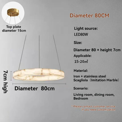 Suspension ronde en faux marbre résine, lumière chaude et design moderne