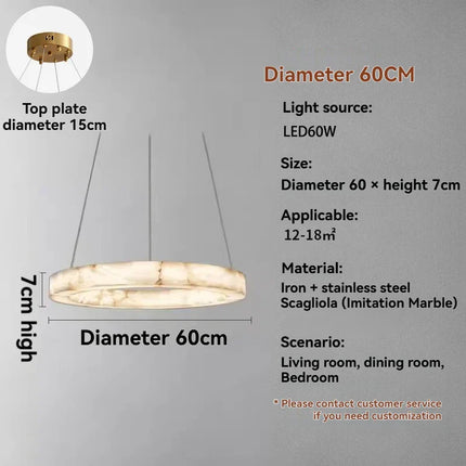 Suspension ronde en faux marbre résine, lumière chaude et design moderne