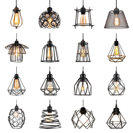 Suspension vintage en métal abat-jour cage fil noir pour éclairage intérieur