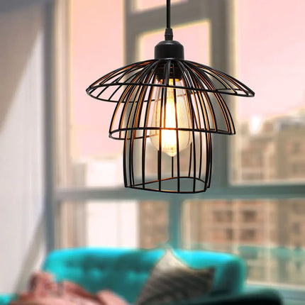 Suspension vintage en métal abat-jour cage fil noir pour éclairage intérieur