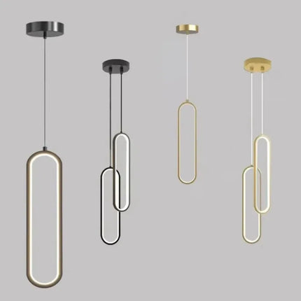 Suspension LED Elliptique Moderne en Aluminium Noir ou Or, Lumière Chaude Ambiante