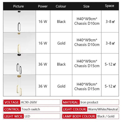 Suspension LED Elliptique Moderne en Aluminium Noir ou Or, Lumière Chaude Ambiante