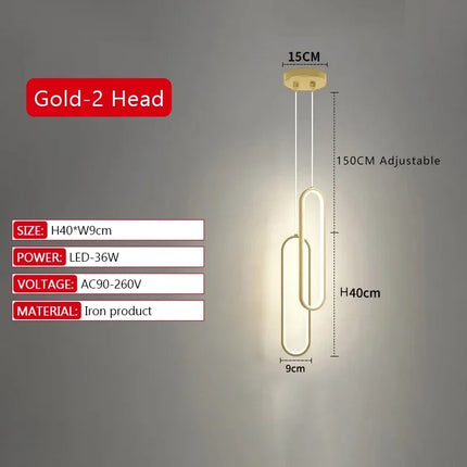 Suspension LED Elliptique Moderne en Aluminium Noir ou Or, Lumière Chaude Ambiante