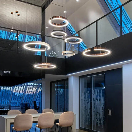 Suspension LED nordique anneaux ronds en métal pour salle à manger et cuisine
