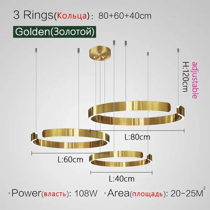 Suspension LED nordique anneaux ronds en métal pour salle à manger et cuisine