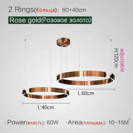 Suspension LED nordique anneaux ronds en métal pour salle à manger et cuisine