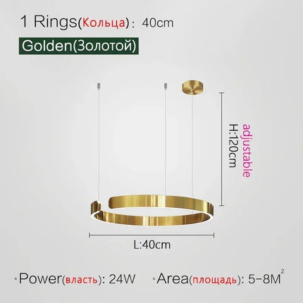 Suspension LED nordique anneaux ronds en métal pour salle à manger et cuisine