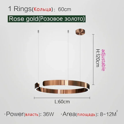 Suspension LED nordique anneaux ronds en métal pour salle à manger et cuisine