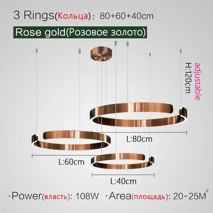 Suspension LED nordique anneaux ronds en métal pour salle à manger et cuisine