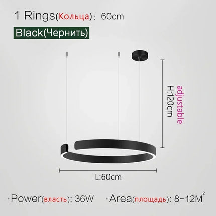 Suspension LED nordique anneaux ronds en métal pour salle à manger et cuisine