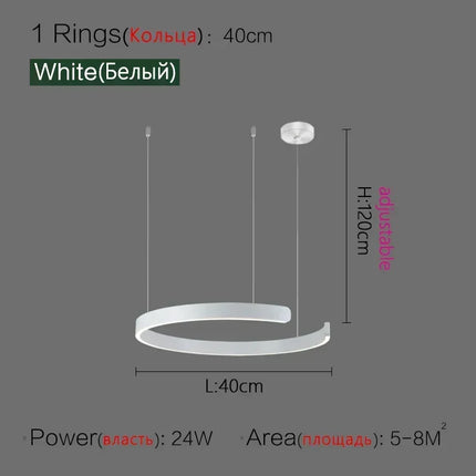 Suspension LED nordique anneaux ronds en métal pour salle à manger et cuisine