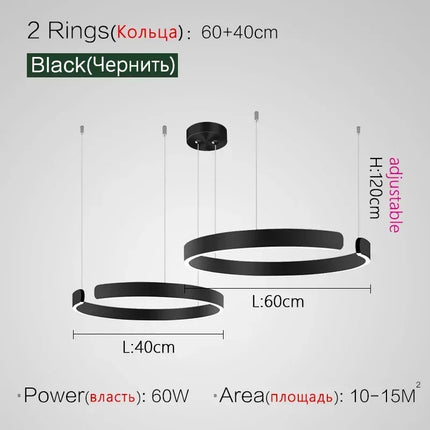 Suspension LED nordique anneaux ronds en métal pour salle à manger et cuisine