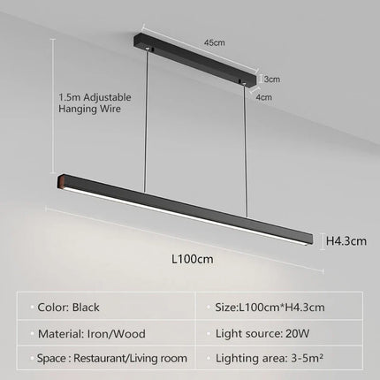 Suspension LED design moderne minimaliste en fer et bois, lumière chaude
