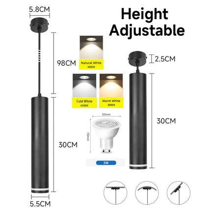Suspension LED moderne en aluminium noir, lumière chaude ou neutre, 160-300mm