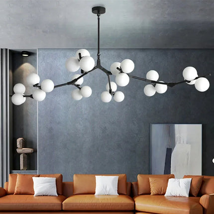 Suspension LED en verre et fer, design moderne à branches, lumière chaleureuse