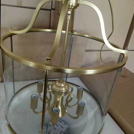 Suspension vintage en cuivre avec cage à oiseaux en verre, éclairage chaleureux