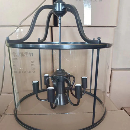 Suspension vintage en cuivre avec cage à oiseaux en verre, éclairage chaleureux