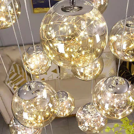 Suspension moderne en verre et métal LED pour escalier et salon, lumière chaude réglable